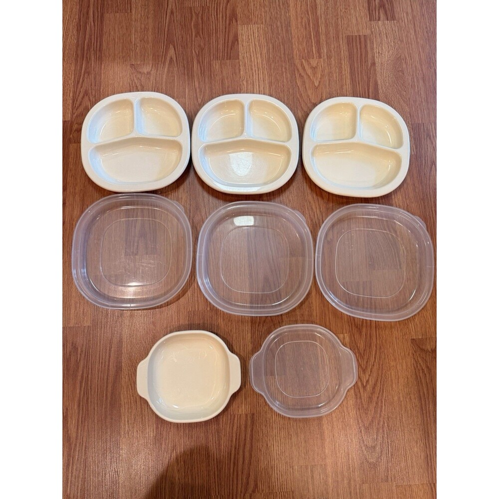 Vintage 1986 Rubbermaid Heatable’s Divided Microwave Plates w/Lids #0059 & #0061
